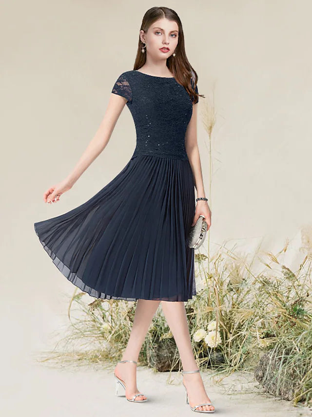 A-Linie Cocktailkleider Flirty Dress Homecoming Tee Länge Kurzarm Jewel Neck Chiffon mit Falten
